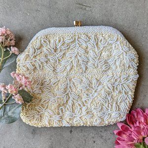 Vintage La Regale Ivory White Beaded Clutch Bag